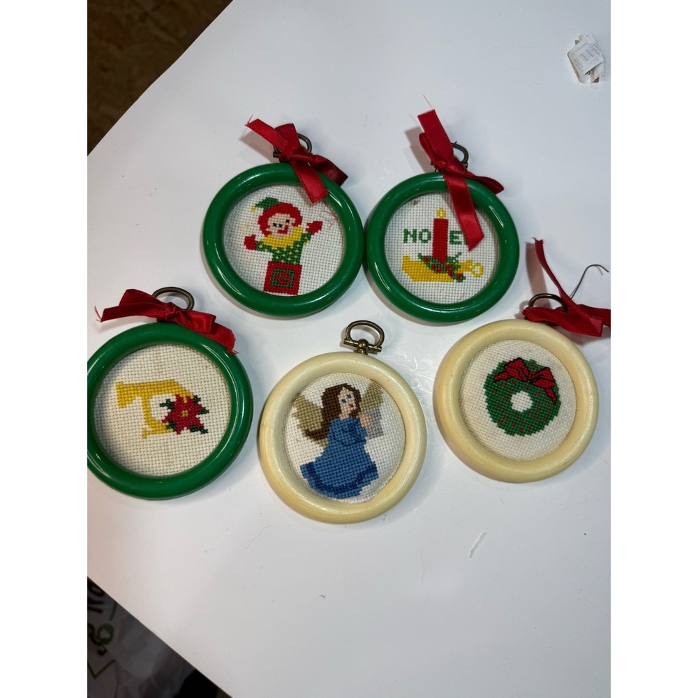 Vintage Christmas‎ Ornaments Framed Cross Stitch Needlepoint Lot Of 5 Handmade